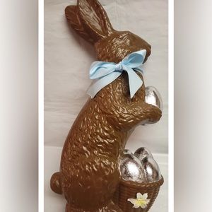 Easter Faux Chocolate Bunny Rabbit 13.5” Blue Bow Tabletop Decor Primitive